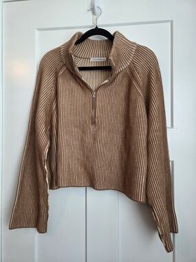 0058.  Zenana Outfitters Ribbed Half-Zip Sweater in Camel and Cream